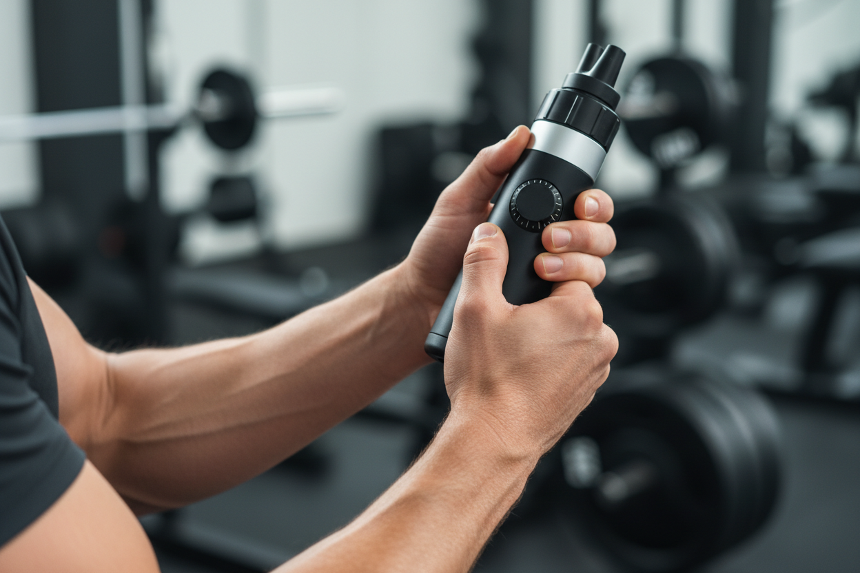 Athlete using breathing trainer for lung capacity training